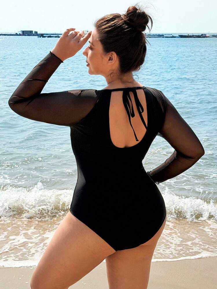 Swim SPRTY Traje de baño de una pieza para mujer de talla grande, de unicolor con contraste de malla, de manga larga, con espalda descubierta y cordones, para playa, vacaciones y deportes acuáticos - Negro - Añade 2