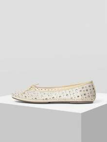 MOTF PREMIUM 女士新款欧美时尚网面水钻蝴蝶结小方头平底鞋，百搭舒适轻便，简约芭蕾舞鞋，优雅仙气风格 - 米色 - 查看 5