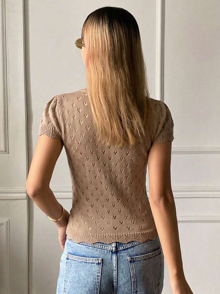 Women's Solid Color Hollow V-Neck Short Sleeve Elegant Vacation Cardigan, Spring/Autumn