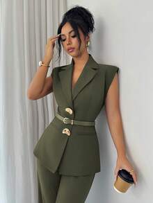 Elenzga Conjunto de traje de pantalón elegante verde oliva para mujer, blazer sin mangas con hebilla de metal & pantalones de pierna recta de cintura alta para oficina, ropa de trabajo estilo francés de otoño - Verde militar - Ver 6