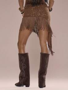 MUSERA 纹理流苏细节不对称亮片半身裙，仅限夏季假期海滩伊比沙岛可爱节日优雅樱桃月 - 棕色 - 查看 4