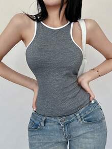 Rafferiza 女士撞色滚边圆领修身连体衣，百搭日常穿着，女士紧身衣上衣，女士连体衣上装，女士紧身连体衣，女士紧身背心，女士基础款上衣 - 深灰色 - 查看 3