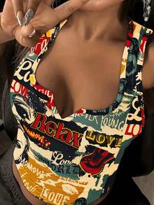 Slaydiva 大码女式字母和图案印花休闲简约背心，适合夏季穿着，图案上衣，女式印花背心，夏季女式背心，女式吊带背心，夏季服装上衣 - 彩色 - 查看 5