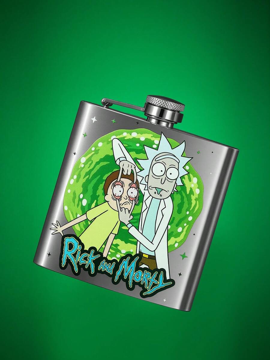 Rick and Morty X SHEIN 6盎司便携式不锈钢酒壶，迷你便携，适合露营户外使用 - 銀色 - 查看 1