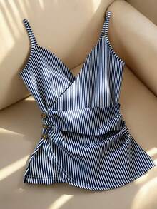 Franclia 新款时尚吊带条纹荷叶边装饰纽扣交叉前襟吊带背心，女士，春夏款 - 藍白色 - 查看 1