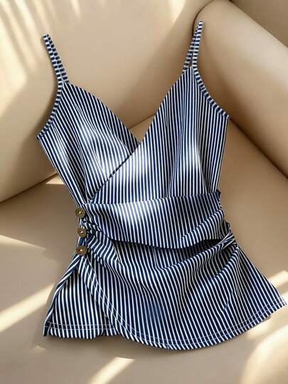 Franclia Nuevo top de tirantes finos con volantes y decoración de botones cruzados en la parte delantera, a rayas, para mujer, para primavera/verano