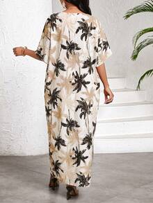 SHEIN Lady Đầm nữ cổ chữ V tay ngắn họa tiết cây cọ, thích hợp cho kỳ nghỉ. - Nhiều màu - Xem 2