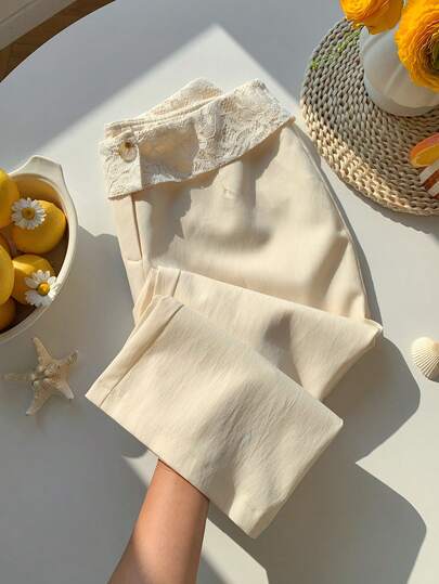 Comfortcana Women's Elegant Contrast Lace Foldover Waist 7/8 Length Flare Pants, Suitable For Work And Commute