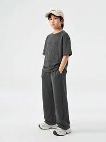 Coolane Kids Bộ đồ 2 món cho thiếu niên mùa xuân/hè: Áo thun tay ngắn cổ tròn vai rớt rộng và quần dài ống đứng có dây rút ở eo. - Nhiều màu - Xem 5