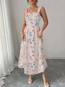 Elenzga Mẫu đầm dài xếp ly thanh lịch, họa tiết hoa mùa xuân/hè mới nhất dành cho nữ. - Bụi hồng - Xem 3