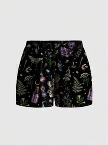 ROMWE Goth 以自然为灵感的哥特式神秘月亮、星星、蝴蝶、蝙蝠印花宽松黑色短裤，适合大码女性 - 黑色 - 查看 1
