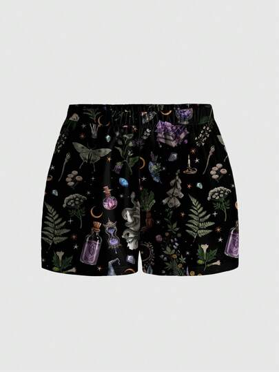 ROMWE Goth Shorts noirs amples inspirés de la nature, au motif mystérieux de lune, d'étoiles, de papillons et de chauves-souris, pour femmes de grande taille