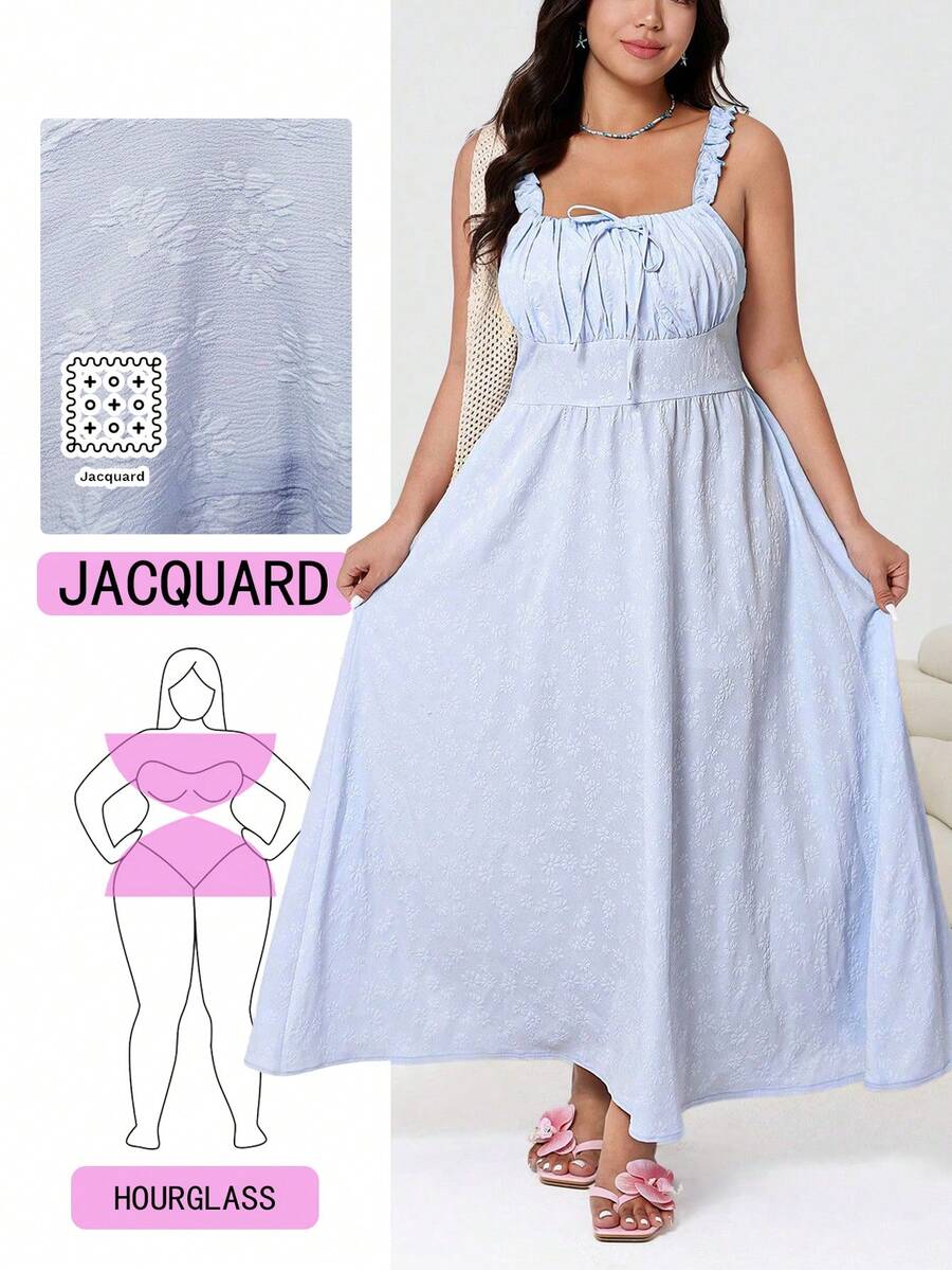 Solflare 春夏新款休闲日常连衣裙，适合派对、音乐节、返校、毕业典礼、度假、街头穿搭、婚礼、购物、城市漫步等多种场合。特点：荷叶边细肩带、胸部褶裥、收腰设计、A字长裙、纹理面料、蓝色、大码 - 淺藍色 - 查看 1