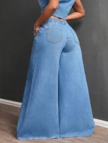 SHEIN SXY Plus Size Women Pockets Frayed Hem Loose Casual Jeans  Wide Leg Jeans Flared Jeans Jeans Y2k Oversized Jeans - Blue - View 3