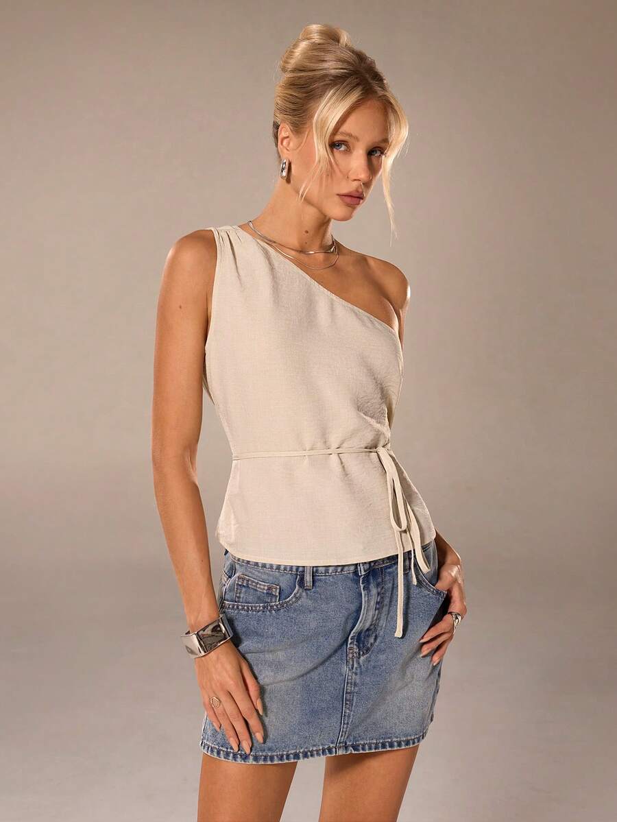 Avantive 栗色不对称肩带上衣，适合夏季春季穿搭、节日海滩装扮、休闲办公装、乡村音乐会度假等场合，单肩上衣是新款女装，休闲夏季穿搭，女士时尚上衣。