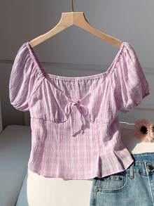 SHEIN Comfortcana Women's Summer Floral Print Petal Sleeve Blouse With Bow Decor, Countryside Vacation Style Tops For Women Summer Cute Cute Blouses Babydoll Tops,Summer Top - Mauve Purple - View 4