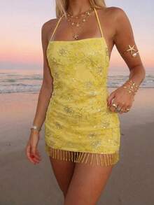 Sundraya Đầm ngắn cổ yếm đính hoa, tua rua, viền ren, thích hợp cho kỳ nghỉ hè của nữ. - Màu vàng - Xem 3