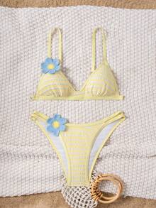 Swim Mod Women's Spaghetti Strap Fashionable Triangle Bikini Top, Summer - Yellow - View 3