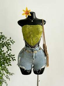 Aloruh 女士夏季波西米亚风抹胸上衣，优雅流苏装饰沙滩度假露脐上衣，适合音乐节 - 綠色 - 查看 11