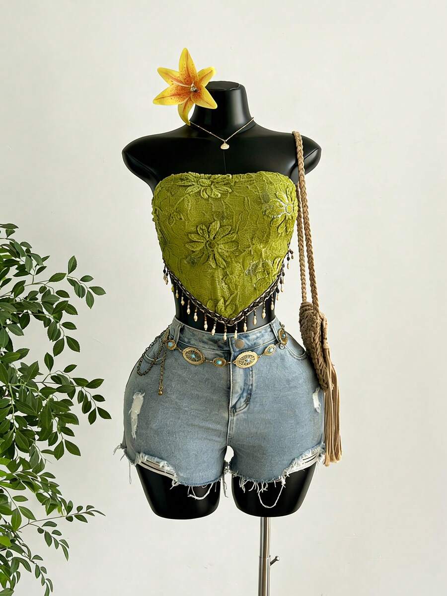 Aloruh Áo ống phong cách Bohemian mùa hè dành cho nữ, áo croptop đi biển thanh lịch với tua rua trang trí, thích hợp cho các lễ hội âm nhạc. - màu xanh lá - Xem 1