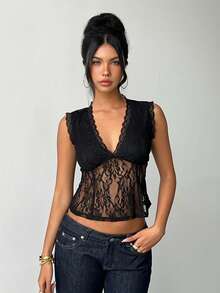 Aloruh 女士夏季新款黑色优雅性感浪漫时尚现代婚礼宾客派对蕾丝半透明露背双肩带V领T恤 - 黑色 - 查看 6