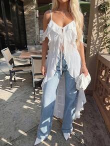Firerie Top de camisola maxi con escote en V, volantes y transparencia, estilo bohemio y chic para mujer, ideal para festivales de música, playa y vacaciones - Blanco - Ver 3