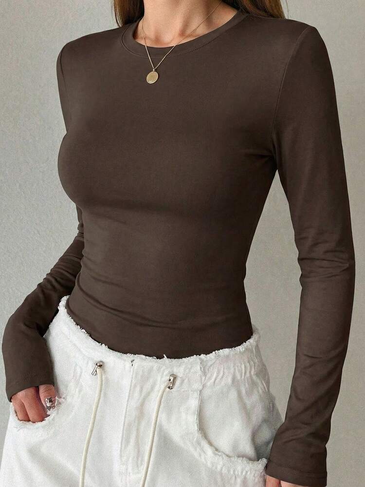 Women's Solid Color Slim Fit T-Shirt, New Arrival For Autumn