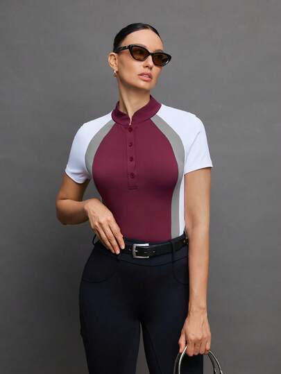 Activina Women's Contrast Color Button Half-Placket Raglan Sleeve Equestrian Top