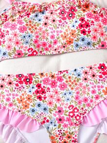 SHEIN 少女碎花荷叶边比基尼套装，沙滩/度假风 - 粉色 - 查看 7