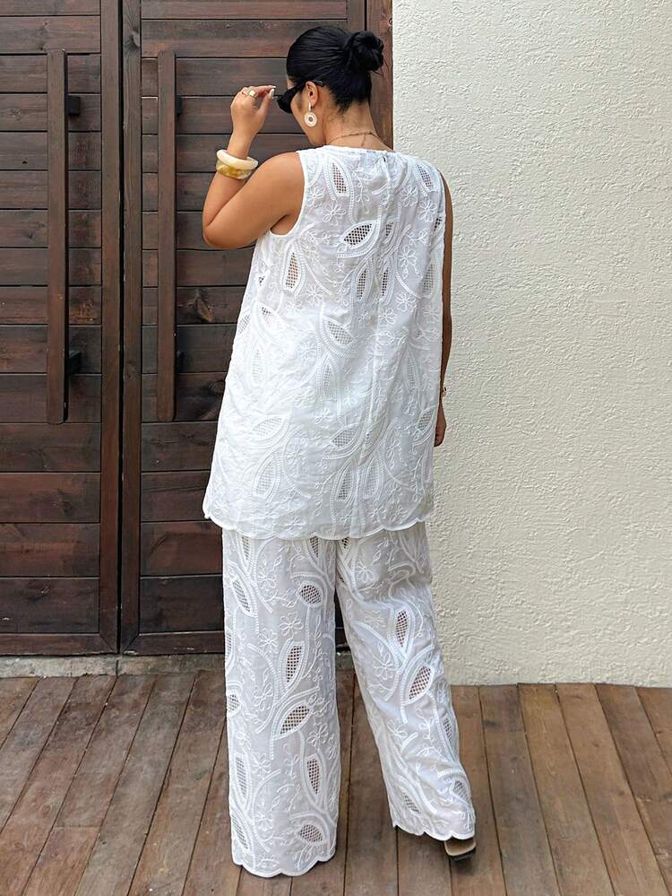 Dazy Plus Lace Hollow-Out Textured Fabric Maxi Camisole Dress & Wide Leg Pants Set, Elegant Summer Vacation Outfit For Plus Size Women