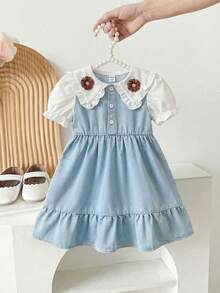 Young Girl' Spring/Summer Denim Dress With Lapel Collar, Casual & Fashionable, Suitable For Daily Outings, Leisure, Camping, Gatherings - Blue - View 6