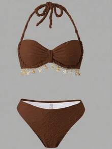 Bonvoyette Women's 3 Pieces Coffee Brown Textured Fabric Shell Trim Rope Decor Swimwear Set,Summer Boho Beach Holiday Holiday Greece Vacation Party Outfits - Brown - View 3
