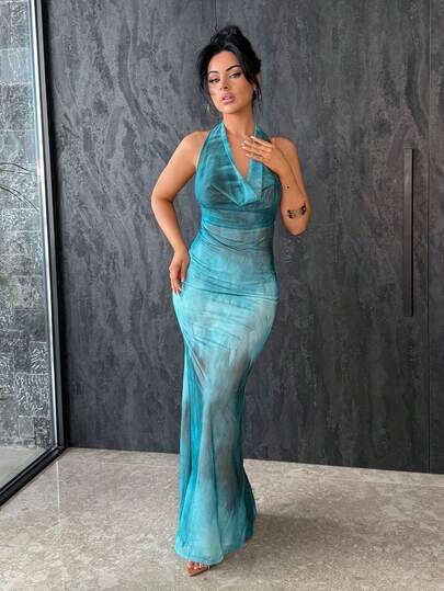 Vassilux Vestido ajustado de tirantes finos sin espalda de color azul sólido, vestido maxi sin espalda elegante para vacaciones en la playa, vestido largo sin espalda sexy, vestido elegante para citas, cumpleaños, fiestas nocturnas, Halloween, Navidad, ocasiones formales, vestido elegante estampado