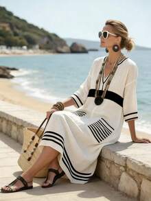 SHEIN Holidaya V领七分袖印花宽松休闲长裙，适合春、夏、秋、冬、新年、万圣节等各种场合，宽松舒适，日常穿着优雅得体，也适合派对、海滩、浪漫约会、时尚休闲通勤等场合。 - 黑色 - 查看 6