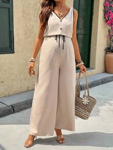 SHEIN Bộ áo liền quần bầu không tay ống rộng, thắt eo chun, buộc dây - Màu Khaki - Xem 6