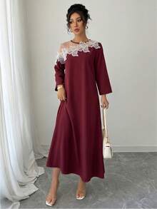 Rafferiza 3D Floral Mesh Sleeve Long Dress For Women - Burgundy - View 5