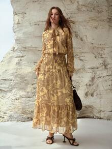 MOTF PREMIUM 佩斯利印花度假风长袖连衣裙，春夏款 - 黃色 - 查看 4