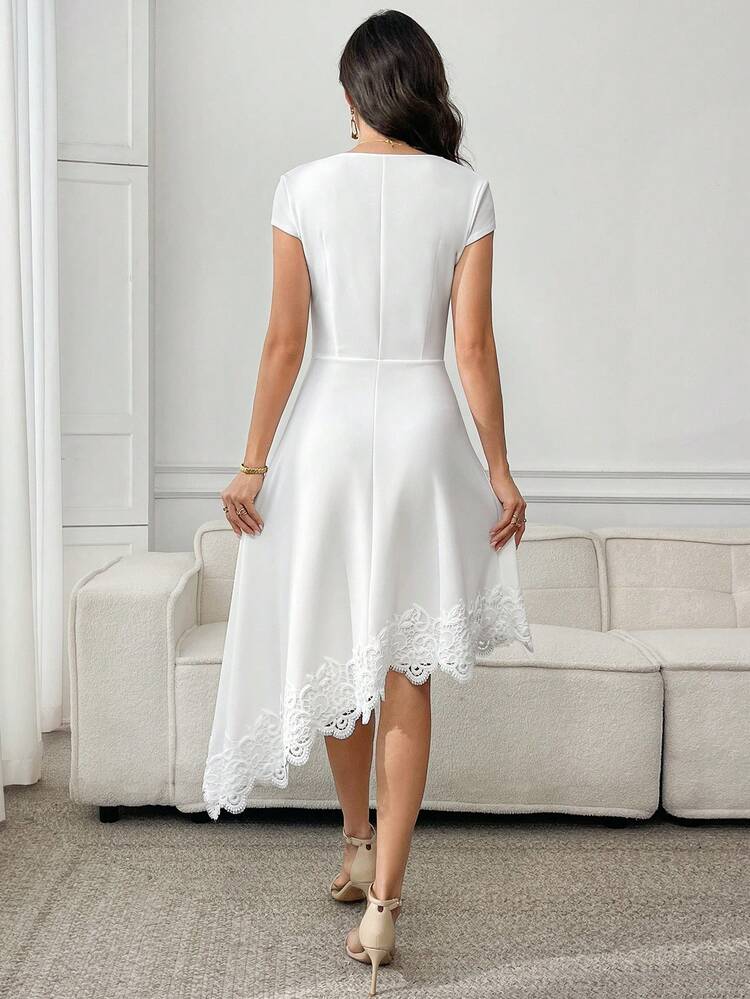 Women's Solid Color Minimalist Daily Wear Lace Hem Short Sleeve Dress,Summer Outfit For Women,Festival Outfits For Women,Elegant Dresses For Party,White Dresses For Women,Summer Dresses For Women