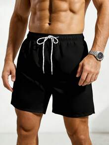 ZELFYO 男士腰部抽繩斜口袋泳褲 - 黑色 - 查看 4