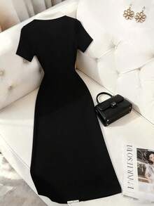Franclia New Fashionable Elegant Polo Collar Short Sleeve Waist Cinching Bodycon Dress - Black - View 2