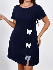 Chikora 大码优雅蝴蝶结装饰圆领纯色短袖连衣裙 - 藏蓝色 - 查看 3