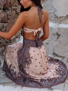 Women's Elegant Vacation Retro Bohemian Beach V-Neck Halter Backless Print Waist Hollow Long Dress, Suitable For Spring And Summer Backless Sundress Sexy Summer Dresses For Women Bohemian Dresses Backless Summer Dress - Multicolor - View 1