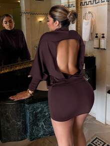Maria Perezxox Váy ngắn hở lưng vải thun dệt kim màu nâu cà phê ôm sát vai chéo cho nữ - Cà phê - Xem 2