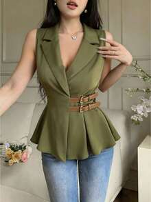Feyla 女式简约纯色纽扣腰部修身衬衫，夏季通勤 - 綠色 - 查看 1