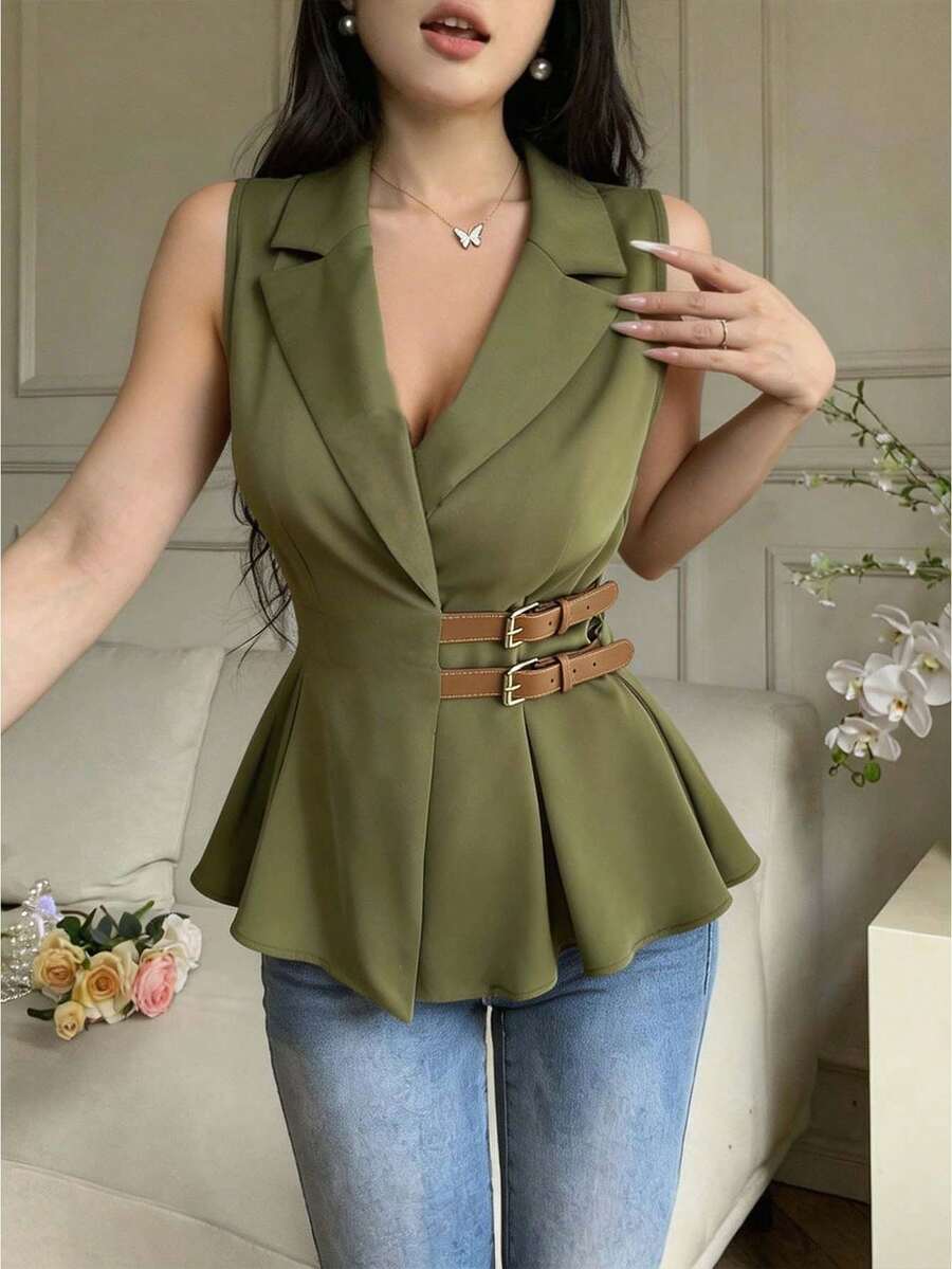 Feyla 女式简约纯色纽扣腰部修身衬衫，夏季通勤 - 綠色 - 查看 1