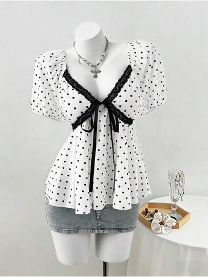 Sunspun Plus Size Women Polka Dot Print Lace Trim Bow Tie Blouse