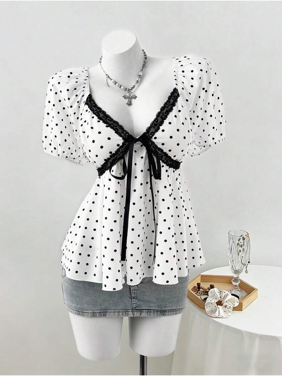 Sunspun Plus Size Women Polka Dot Print Lace Trim Bow Tie Blouse - Black and White - View 1