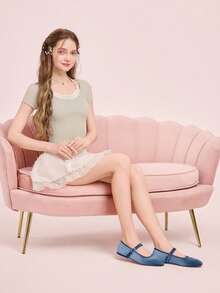 CUCCOO DOLLMOD 女款深藍色扣飾設計日常通勤時尚百搭天鵝絨優雅氣質平底瑪麗珍鞋 - 霧霾藍 - 查看 6