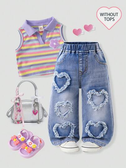 女婴休闲百搭基础款舒适宽松阔腿直筒牛仔裤，饰有爱心刺绣，适合日常外出、街头风，甜美可爱，弹性面料，直筒裤型，适合户外活动、公园、派对、音乐节、生日等场合。