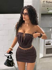 StreetHx 2000年代Y2K风格女装，黑色街头风休闲女装，金属装饰性感迷你裙两件套，春秋季 - 咖啡棕 - 查看 5